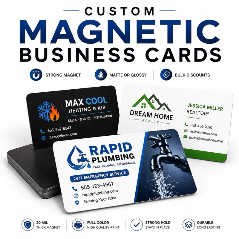 Custom Magnetic Business Cards - Strong Hold, Full Color, Durable, 20 Mil Thick Magnet, Matte or Glossy, Bulk Discounts