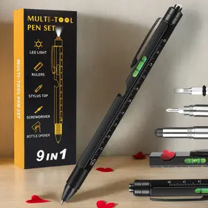 Multifunctional Tool Pen, 1 Set Portable 9 In 1 Ballpoint Pen with LED Light & Accessories, Ballpen Set, Multifunctional Writing Instrument, Metal Pens [Package List as Picture Shown], Office Supplies