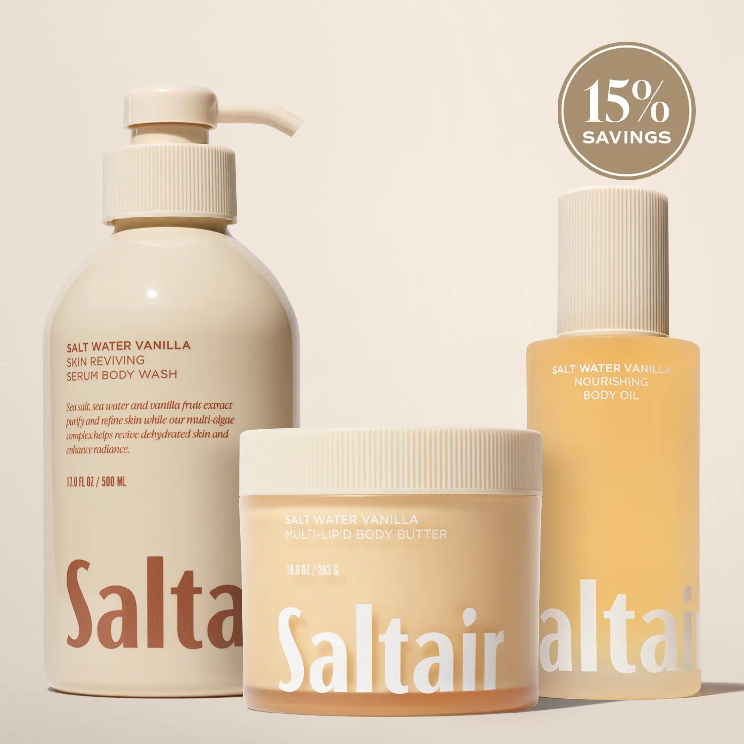 Saltair Salt Water Vanilla Body Rituals Set - Serum Body Wash (17 fl oz), Nourishing Body Oil (4 fl oz) & Multi-Lipid Body Butter (10 oz) Bundle for Soft, Glowing Skin -  Vanilla, Sea Salt, Creamy Sandalwood