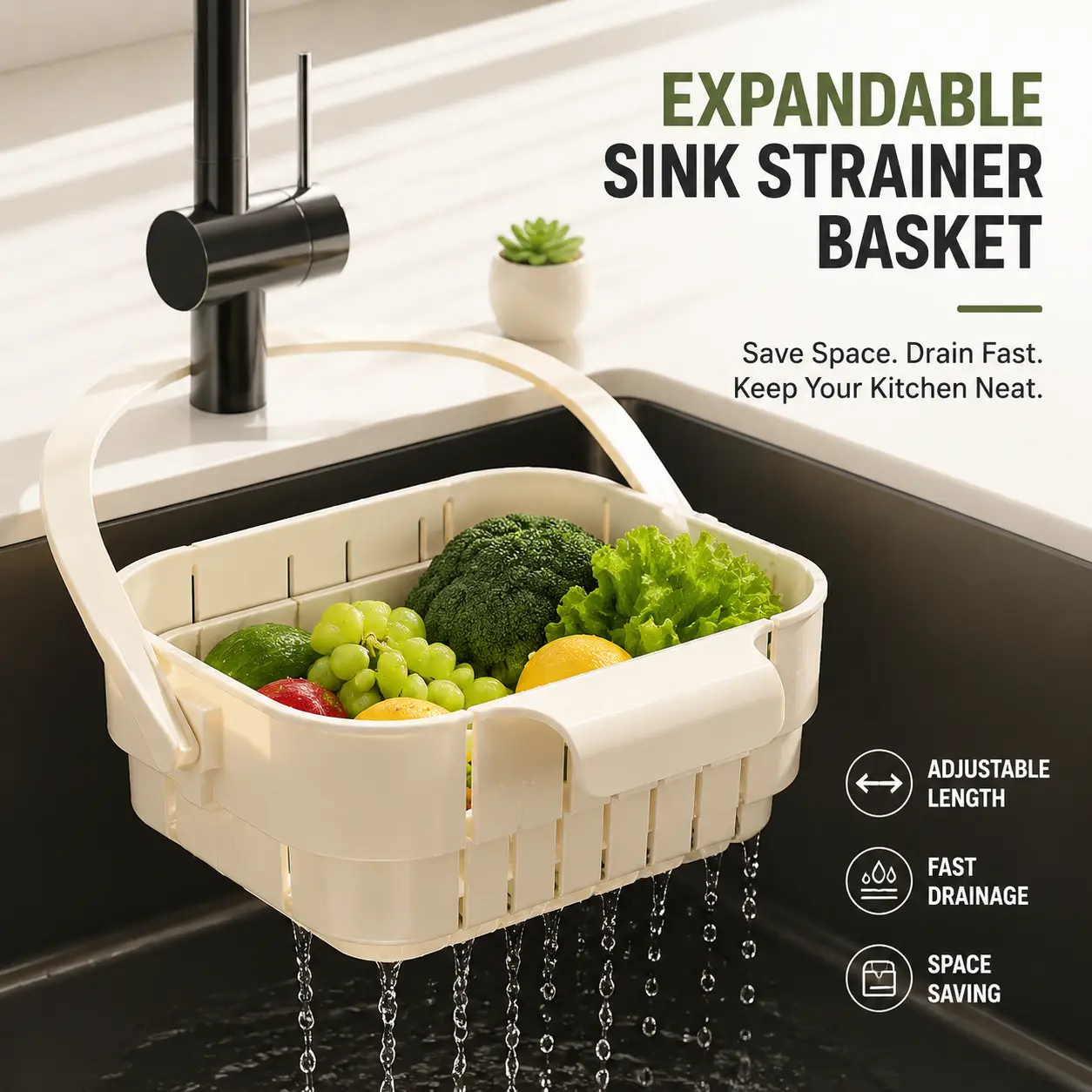 Expandable Kitchen Sink Drain Basket with Detachable Drip Tray, Folding Colander and Storage Rack for Washing Produce, Drying Dishes and Countertop Organization