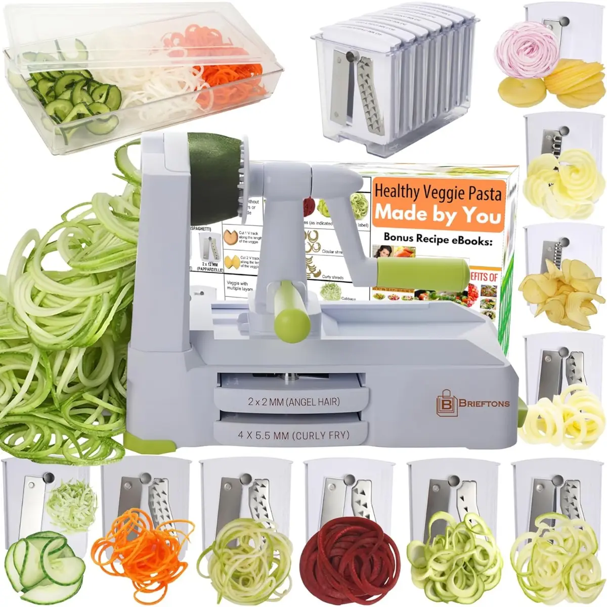 Sturdy 10-Blade Stainless Steel Kitchen Vegetable Spiralizer Utensil - Heavy-Duty Spaghetti Maker, Smooth Slicer for Low Carb Meal Prep, W/ Container, Lid, Blade Rack, 4 Recipe Ebooks, Sweet Potato Tool, Utensils, Abs