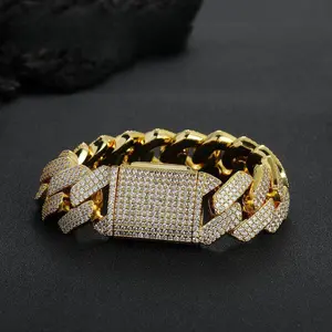 Men's 25mm wide Cuban bracelet with three rows of zircon inlaid diamond shaped bracelet, copper inlaid with zirconia, domineering and exaggerated hip-hop style jewelry