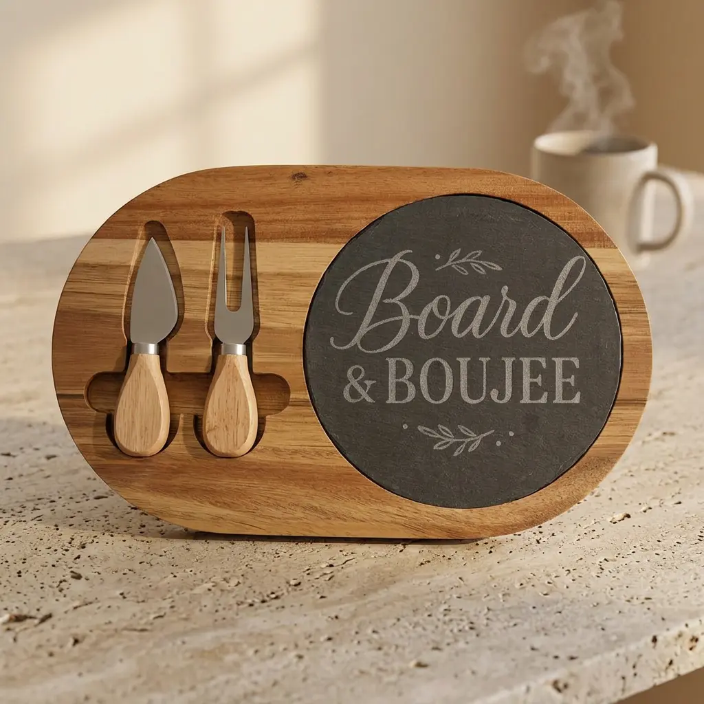 Engraved Acacia Wood Charcuterie Cheese Board with Etched Grey Slate Circle, Kitchen Carving Surface for Gatherings ("Board & Boujee")