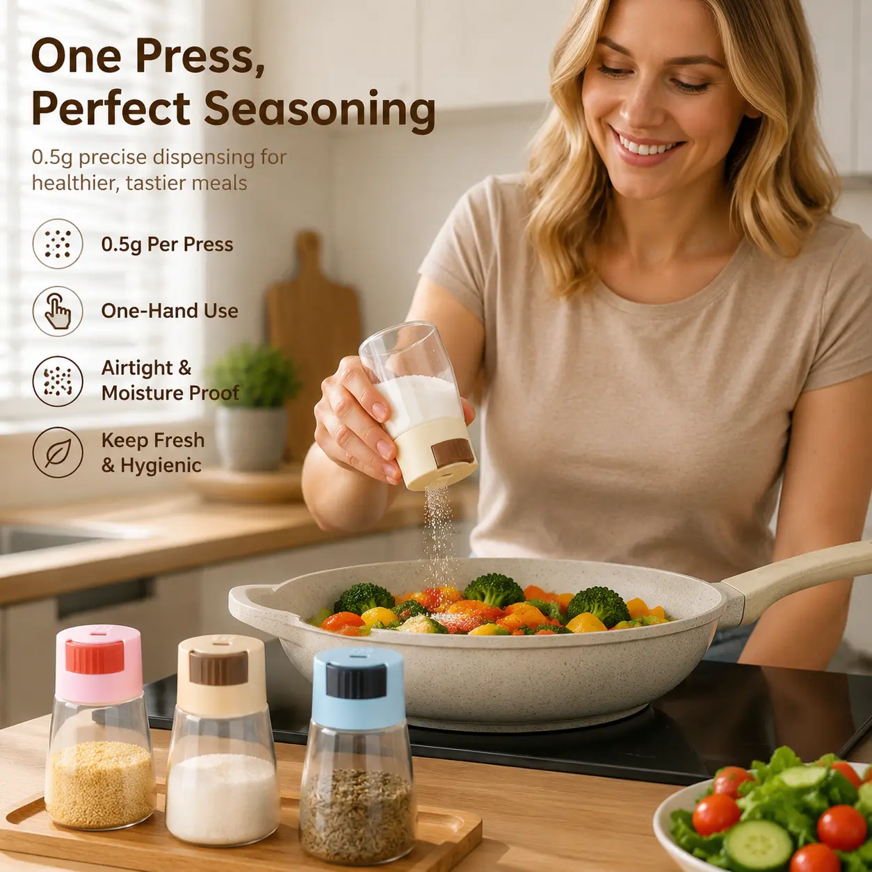 1 Count, Press Type Quantitative Seasoning Shaker Sealed Moisture Proof Transparent Bottle for Kitchen Salt Spice Storage Home Cooking Use