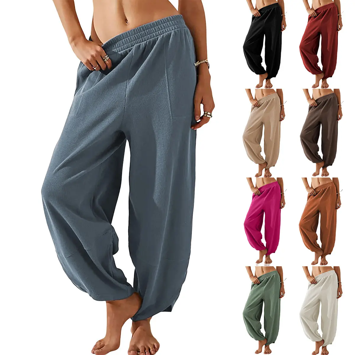 Kingapril Women's Baggy Wide-Leg Pants - Casual Elastic-Waisted Palazzo Pants with Pockets, Suitable for Beach, Pair with Wrap Shirts, Flat Shoes or Belts, Loose, Basic, Everyday, Baggy Fit, Cotton, Year-Round