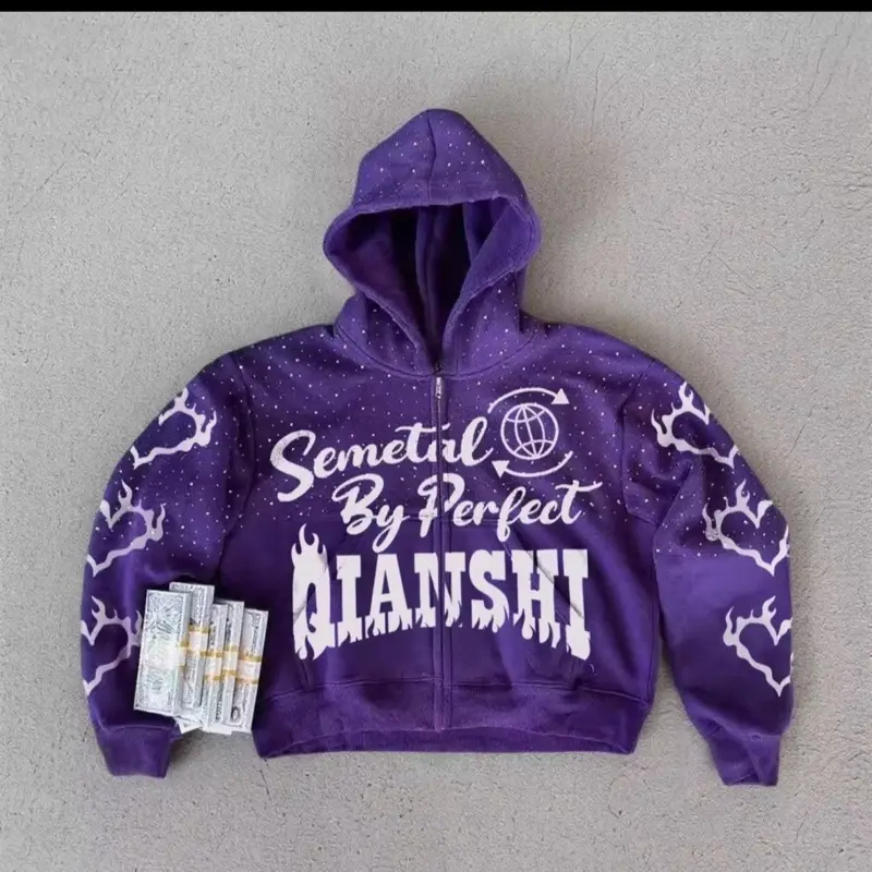 QIANSHI Oversized Cotton Zipper Hoodie Spring Distressed Embroidery Zip up Hoodie Streetwear Cropped Rhinestone Hoodie  Menswear