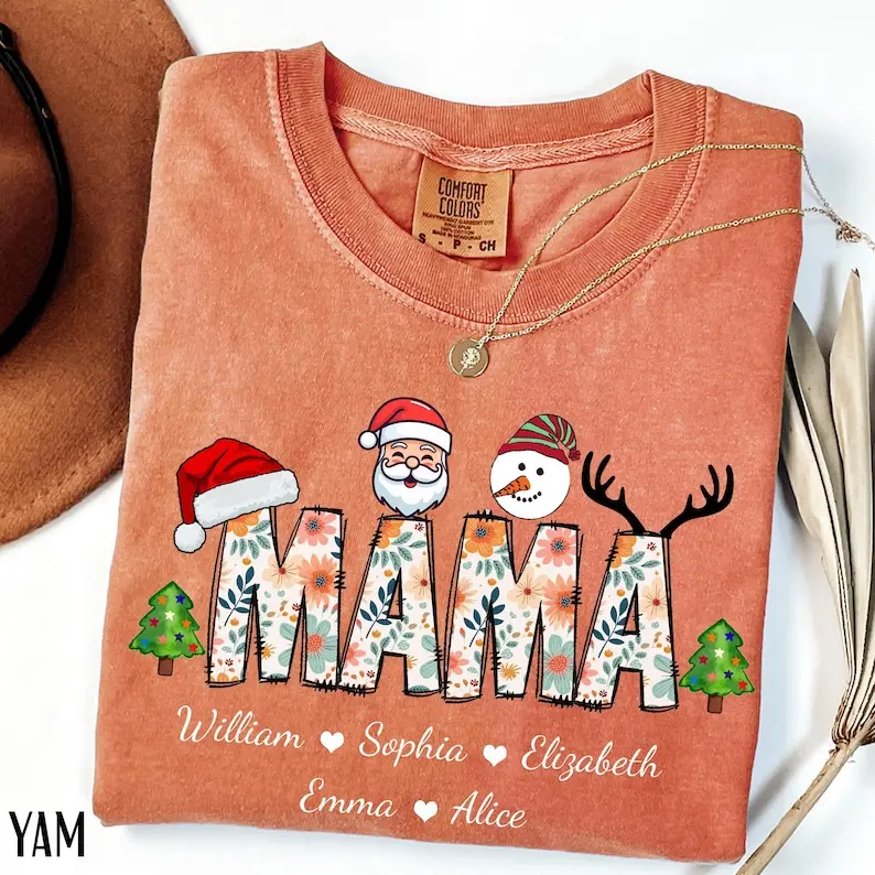 Comfort Colors Custom Christmas Mama Kids Name Shirt, Xmas Mama Shirt, Personalized Mama Christmas Graphic Tees, Christmas Holiday Mom Shirt
