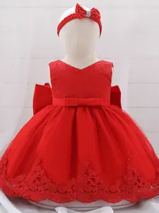 Red Baby Girl Clothes with Headband Big Bow Christening Cocktail Toddler Baptism Pageant Ball Gown Princess Dress Toddler Outfit for all Season 3 Months to 2 Years