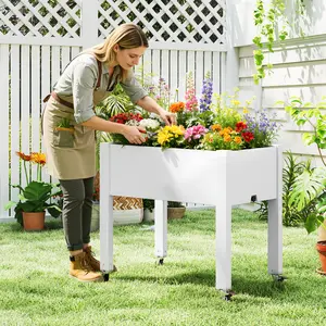 RIWENGO Raised Garden Bed with Wheels & Legs – 26.3" Tall Elevated Planter Box Self-Draining with Water Monitor & Drain Plug Includes Bed Liner – Outdoor Wooden Planter for Vegetables Herbs Flowers Fruits Backyard Patio Balcony