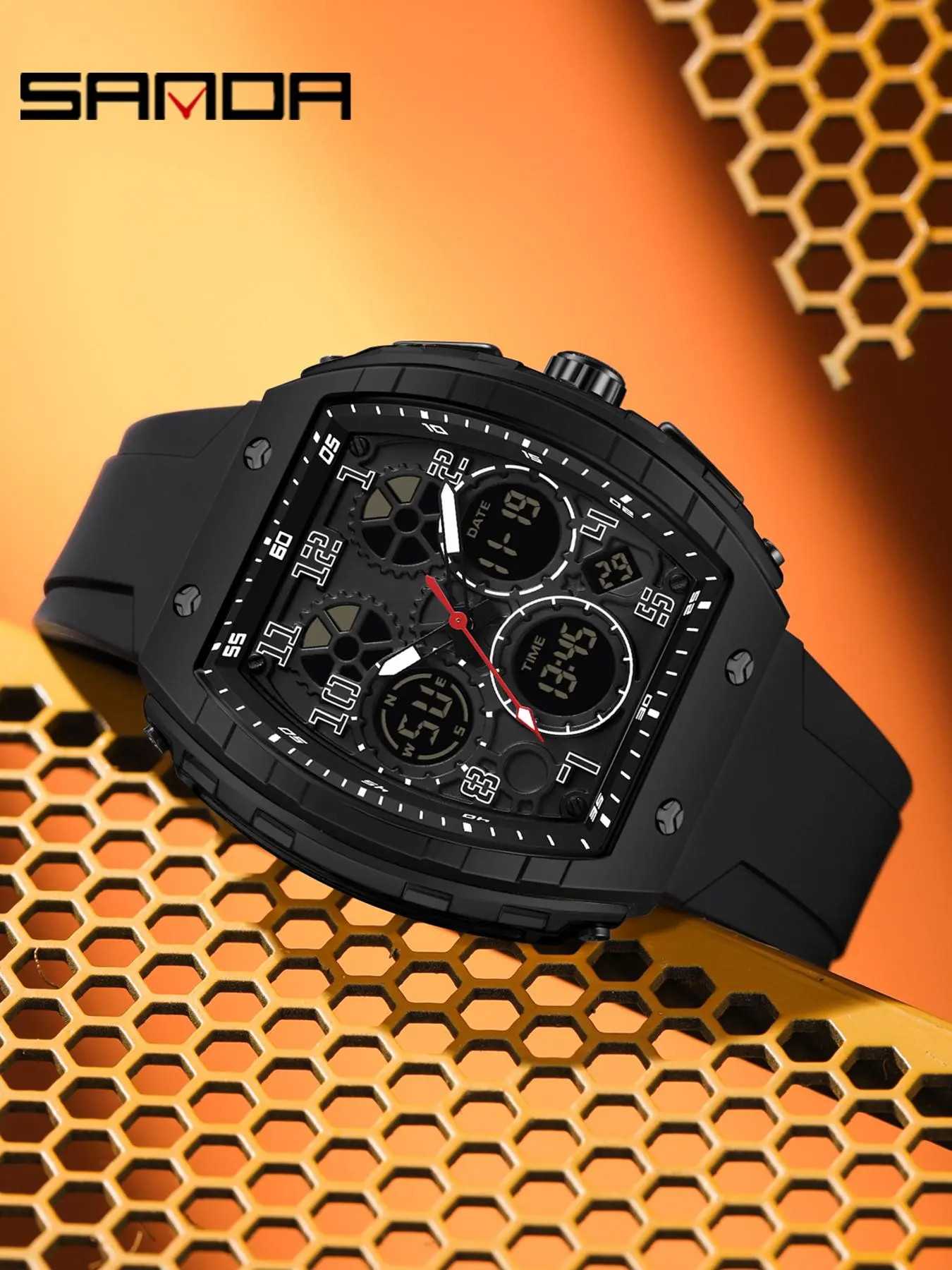 SANDA new luxury design electronic watch multifunctional fashionable men's watch Modern Waterproof Watch youth silicone waterproof alarm clock business leisure dual screen men's watch Trendy Wristwatch Multifunctional Watch
