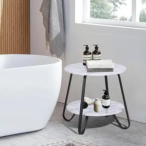 Round End Table - 2-Tier Side Table Industrial Nightstand Bedside Coffee Table Accent Table for Bedroom, Living Room, Apartment (Marble White)