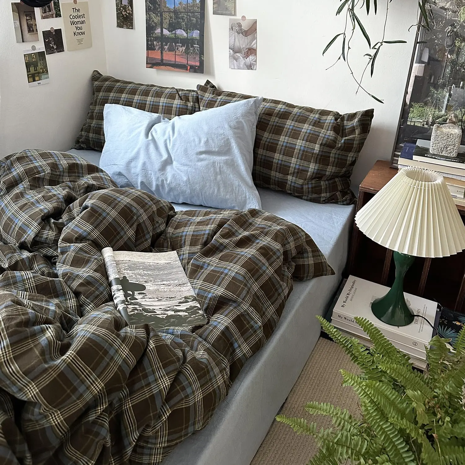 AOJIM Farmhouse Buffalo Checkered Brown & Blue Retro Rustic Duvet Cover Set - Twin XL Size 3-Piece Washed Cotton Bed Set, Soft Breathable Wrinkle Resistant Hidden Zip Secure Machine Washable Duvet Covers with Pillowcases for Men's Dorm Room Cozy Setup