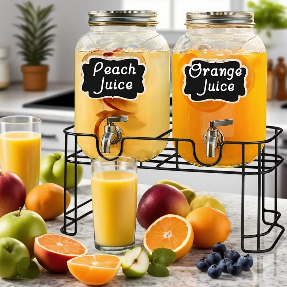 2-Pack 1 Gal Glass Drink Dispenser with Stainless Steel Tap & Stand, Cold Beverage Holder for Water, Juice, Home Use, Decorative Labels Included (Cups Not Included), Metal, Jar, Set, Glass Jar