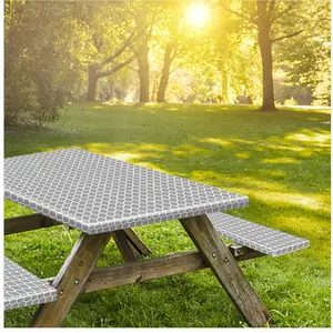 Picnic Tablecovers with Bench Covers, Elastic Fitted Tablecloth for 6 Foot Tables, Polyester Tablecloths for Camping, Indoor & Outdoor (30x72 Inch, GreyMorocco)