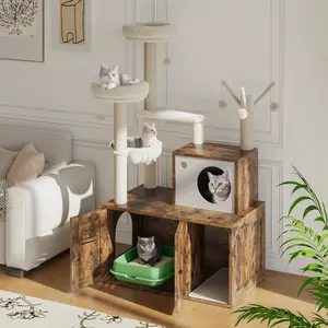 Wooden Cat Tower with Hidden Litter Box Enclosure, Multi-Level Indoor Cat Condo with Scratching Posts and Soft Perch, Vintage Brown Cat Furniture