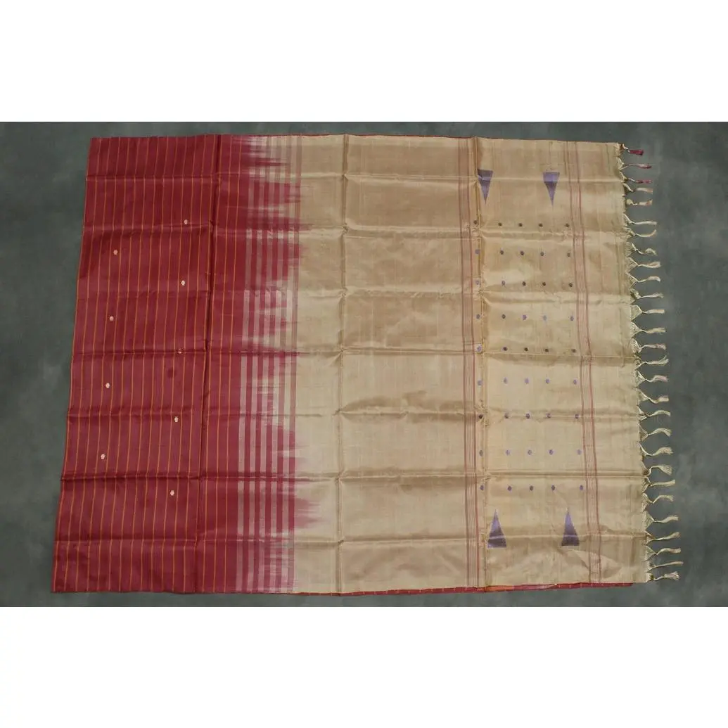 Women's Handwoven Vaazhai Naar Borderless Saree - Casual Festive Wear, Brown Body with Purple Butta Motifs, Striped, Lightweight, Fringed Tassels, Unstitched Blouse, Costumes & Accessories