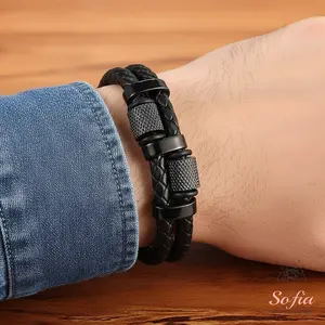 Men's Leather Braided Bracelet Titanium Steel Bangle Multilayer Braided Wristband Boho Style Magnetic Closure Valentine's Day Gift for him Fashion Cool Accessories Trendy Jewelry