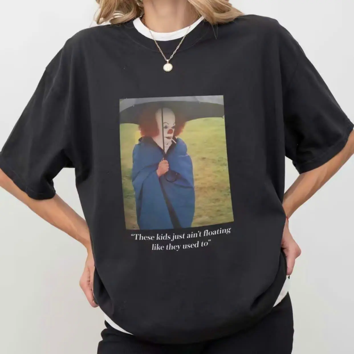 Funny Pennywise The Clown T-shirt, Retro 90s Horror Movie Pennywise From Stephen King's It Smoking A Cigarette Photo Graphic Tee Shirt