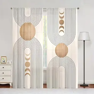 2-piece set, simple and modern geometric circular line, pocket pole installation, digital semi blackout printed curtains, polyester material, suitable for living room, bedroom, dining room, game room, home decoration, Window Curtain