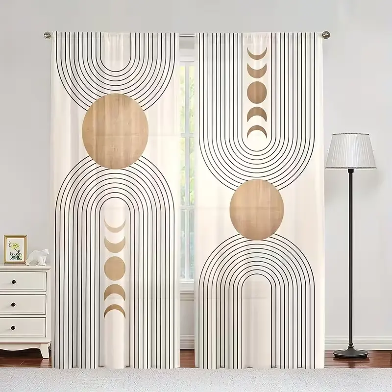 2-piece set, geometric circular line, pocket pole installation, digital semi blackout printed curtains, Easy Install Curtain, polyester material, suitable for living room, bedroom, Window Curtain, Window Drapes