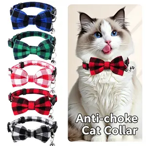 2-piece set of plaid cat bow ties with bells, pet bell collar with patches, anti-pull cat and dog collar, universal gentleman bow tie collar