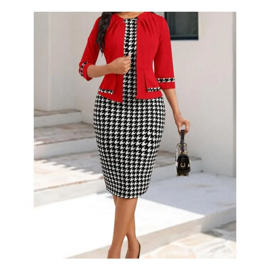 Women's 2026 Red Houndstooth Crewneck Sleeveless Bodycon Sundress - All-Season, Casual Chic, Elegant, Comfortable, Slim Silhouette, Machine Washable, for Parties, Daily Use, Bodycon Fit