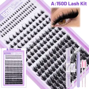 A:150D Lash KitManga Lash Clusters with Spikes Eyelash Clusters with Bottom Lashes 12-18MM Long Fairy Cluster Eyelash Extensions 204Pcs 150D Wispy Individual Lashes Extension With Lash Bond&Seal Tweezer Brush DIY at Home Diy False Eyelashes/B:150D Lash