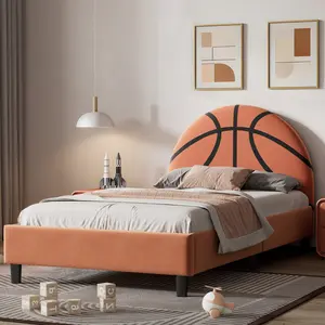 Twin Size Bed Frame, Twin Basketball Shaped Bed Frame, Upholstered Twin Bed Frames for Kids, Twin Size Sport Style Bed Frame for Boys, Twin Size Bed Frame for Kids, No Box Spring Needed, Orange