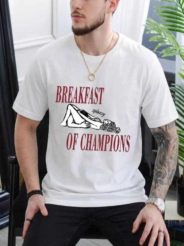 Men's "Breakfast of Champions" Graphic T-Shirt, Soft Retro Short Sleeve Top, Funny Unisex Round Neck Casual Streetwear, Tops, Shortsleeve, Menswear, Casual Tee