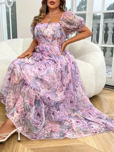 Women's Fashion Plus Size Elegant Chiffon Print Shirred Dress, Short Sleeve Loose-Fitting Midi Dress, All Seasons Woven Fabric