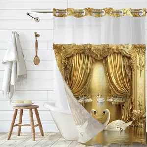 IThe grid with letters double-layer shower curtain, no hooks, fresh country style home decoration, bathroom accessories, 72x75in