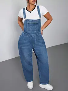 Plus Size Summer Medium Blue High Waist Fit Denim Bib Pants Overalls, Y2K Millennial Style, Adjustable Straps, Practical Front Pockets, Conceals Belly Fat