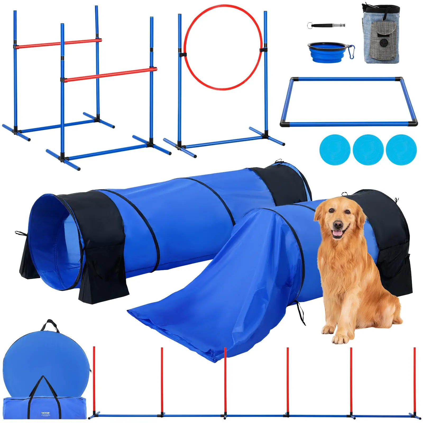 【summerfinds】VEVOR Dog Agility Training Equipment Kit, 7-PC Set with Adjustable Height Hurdles, 6 Weave Poles, 2 Tunnels, Jump Ring, Pause Box, 3 Frisbees, Whistle, Foldable Bowl, 3 Bags, Resistant Materials for Bond Strengthening (Father's Day Gift),, Me