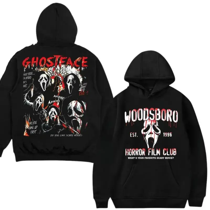 Ghostface Graphic Hoodie for Men and Women, Casual Pullover Sweatshirts, Halloween & Thanksgiving Scary Movie Tops, Classic, Round Neck, Fitted, Fabric, Cotton
