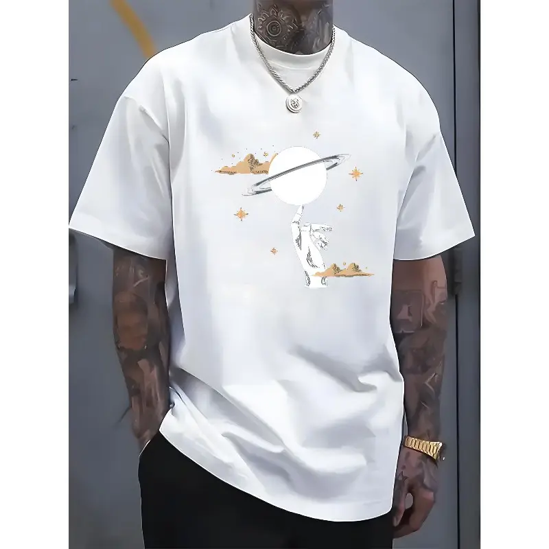 Explore the unknown world design with spaceman and planet pattern t-shirt,  cotton fabric casual outdoor street fashion men's short sleeve t-shirt