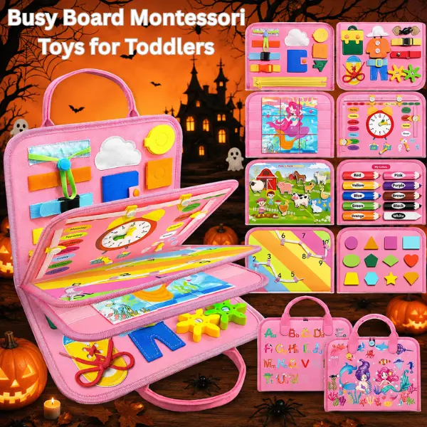 Montessori Busy Board for Toddlers, Portable Busy Book with Zippers, Buckles & Lacing, Sensory Travel Toy, Fine Motor Skills Learning Activity, Halloween ,Preschool Activity Book & Toddler Gift