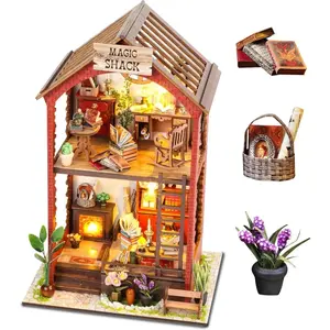 DIY Book Nook Kit, Miniature Dollhouse Playhouse Booknook with Light, 3D Wooden Puzzle Bookend, Bookshelf Decor for Adults, Library Decoration, Miniature Furniture