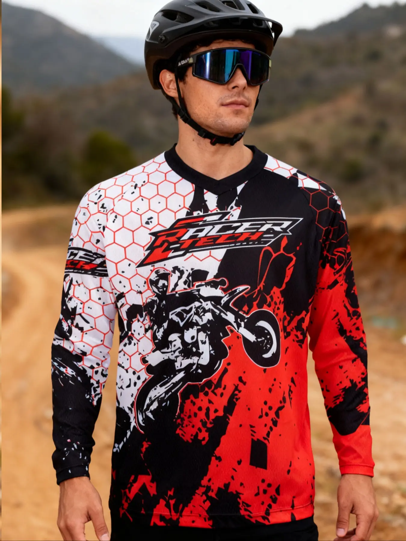 Motorcycle Off-Road Long Sleeve Shirt, Biker T Shirt, Sporty Fitted Design, Random Print Pattern, All Season Wear, Moderate Fabric Thickness, Athletic Sports Clothing, Sports Apparel, Fitted Sportswear