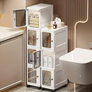 White 5/6-Tier Slim Narrow Gap Storage Cabinet with Clear Doors & Lockable Casters, Stackable Modular Rolling Tower for Fridge, Closet, Bathroom & Small Gaps