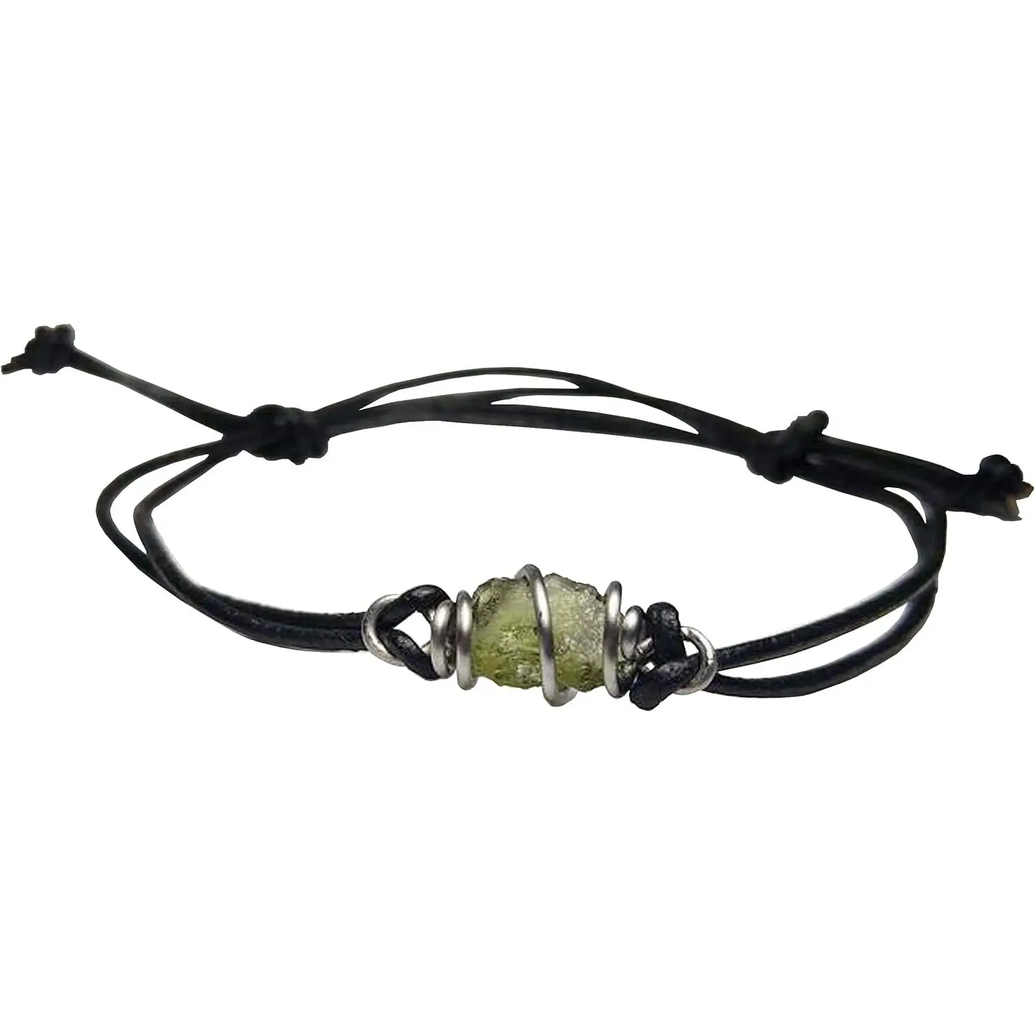 Real Raw Moldavite Piece Wire Wrapped Cage Adjustable Bracelet- Copper-Bronze-Stainless Steel- Black Iron on a Leather or Waxed Cord Adjustable Friendship Bracelet- Mens Womens -
