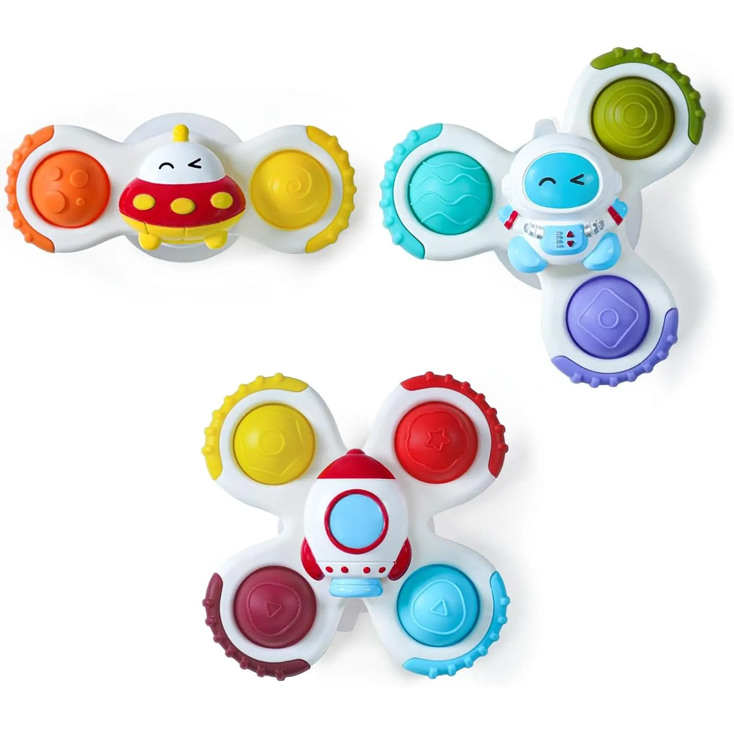 3-Piece Sensory Fidget Spinners, Colorful Car Shapes Bath Toys for Baby & Toddler with Suction Cups, Unisex Toys for Ages 10+ Months, 3 Spinning Toys