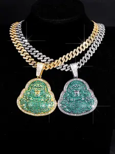 Trendy Charming Smiling Buddha Pendant Necklace & Bracelet Set, Dazzling Cuban Chain Jewelry, Daily Punk Accessories