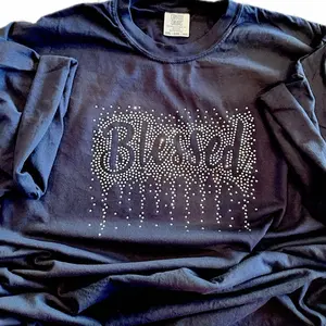 Rhinestone Blessed - T-Shirt in Short Sleeve Bold Black Lettering for Standout Look Comfortable 50/50 Cotton Polyester Unisex Design Casual Gift Fabric Top
