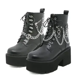Fashion Chunky Heel Platform Combat Ankle Booties Women's Chains Lace up Studded Motorcycle Combat Short Boots Round Toe Side Zipper Black Gothic Boots Girl Walking Shoes