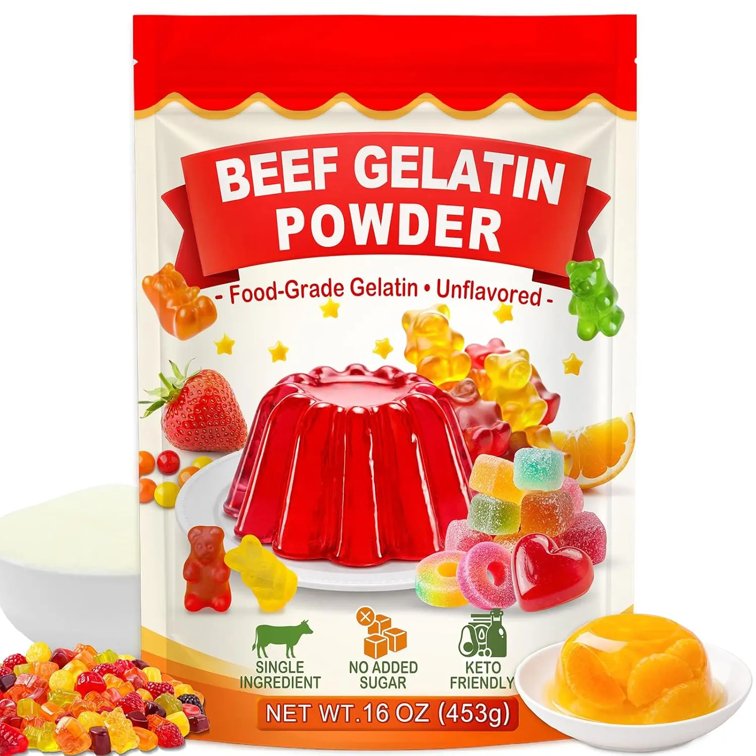 1LB (454g) Ambient Grass-Fed Beef Gelatin Powder, Unflavored Instant Thickener for Gummies, Baking, Keto-Friendly for Jelly, Cooking, Drinks, Soups & Sauces