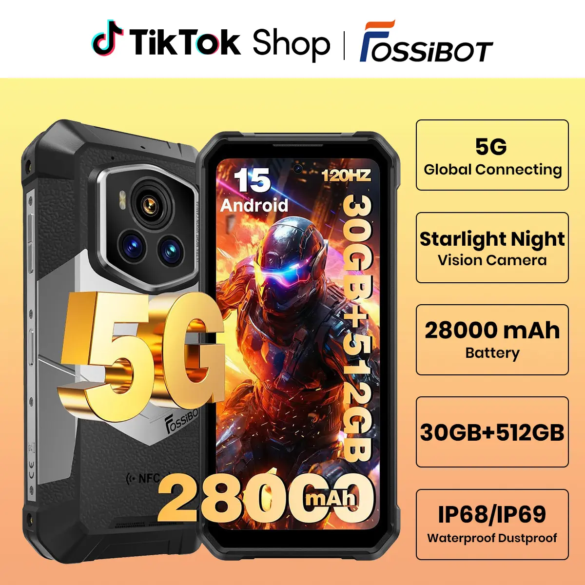 FOSSIBOT F107 Pro 5G Rugged Phone Unlocked, 200-megapixel 4K Ultra-high-Definition Camera, 30GB + 512GB Storage Smartphone, 28000mAh Battery Phone, Android 15,6.95" 120Hz Display Waterproof Phones | 2026 Silver-White,back to school,back to school haul