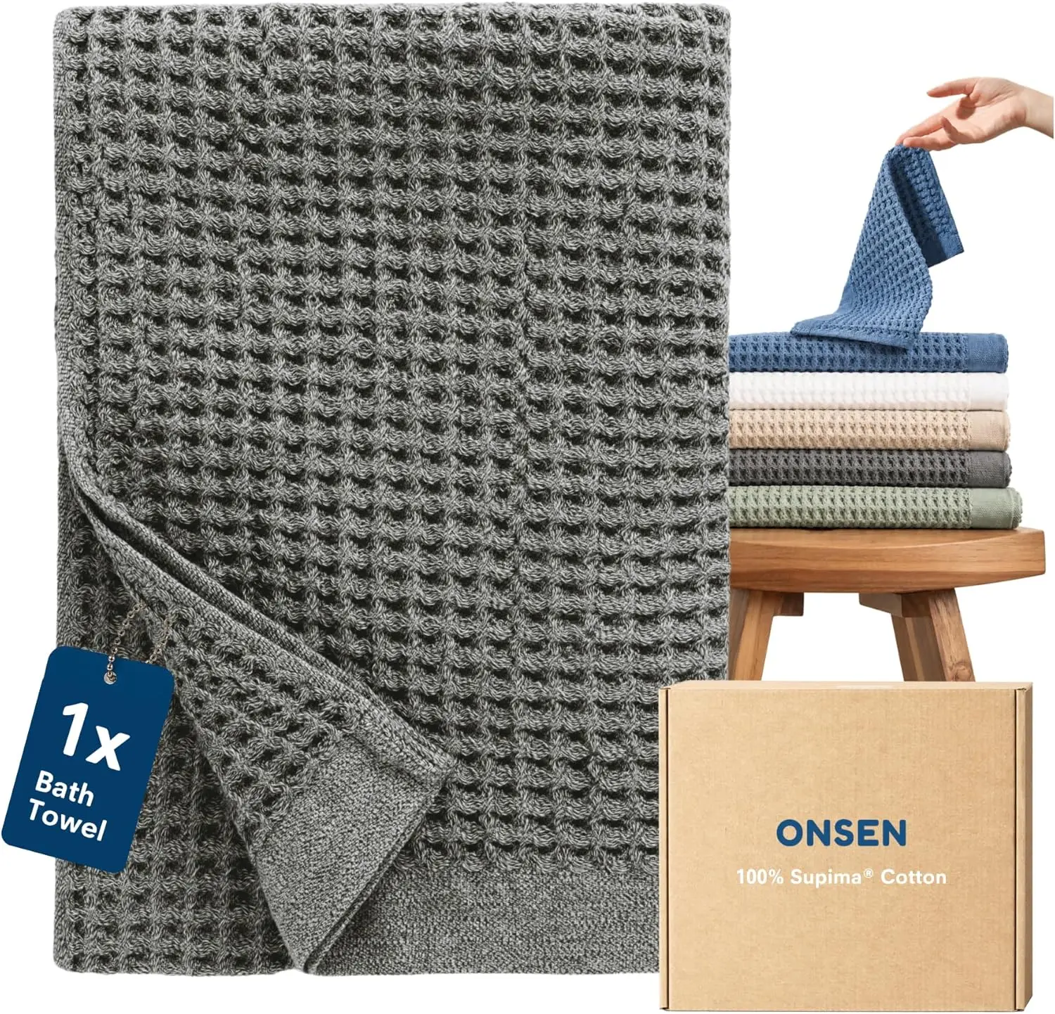 ONSEN Supima Waffle Bath Towel - Large, 31x57 in, 100% USA Cotton, Quick-Dry, Lint-Free, Lightweight, Absorbent Bathroom Towel [Back to School]