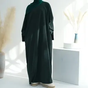 Rawan Corduroy Abaya - Breathable Velvet Long Sleeve Crew Neck Abaya for Winter Wear with Closed Front Design & Loose Fit