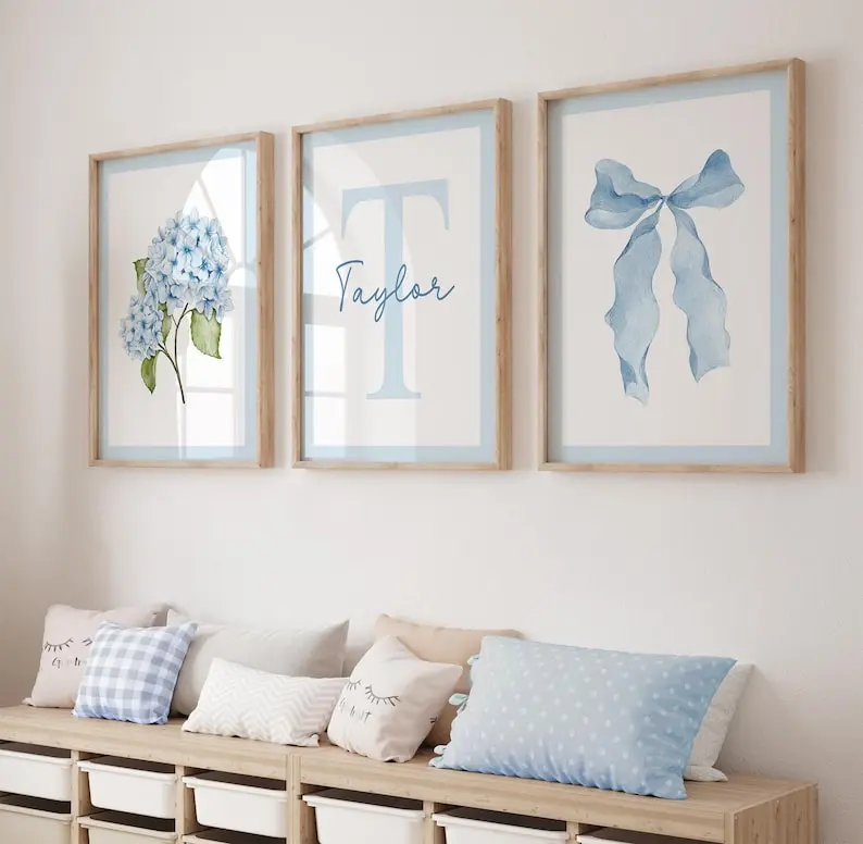 Light Blue Floral Bow Wall Art Set of 3, Custom Initial Name Art, Girl Room Prints, Nursery, Blue Girly Aesthetic, Hydrangea, Teen Dorm 450R Eileen C.