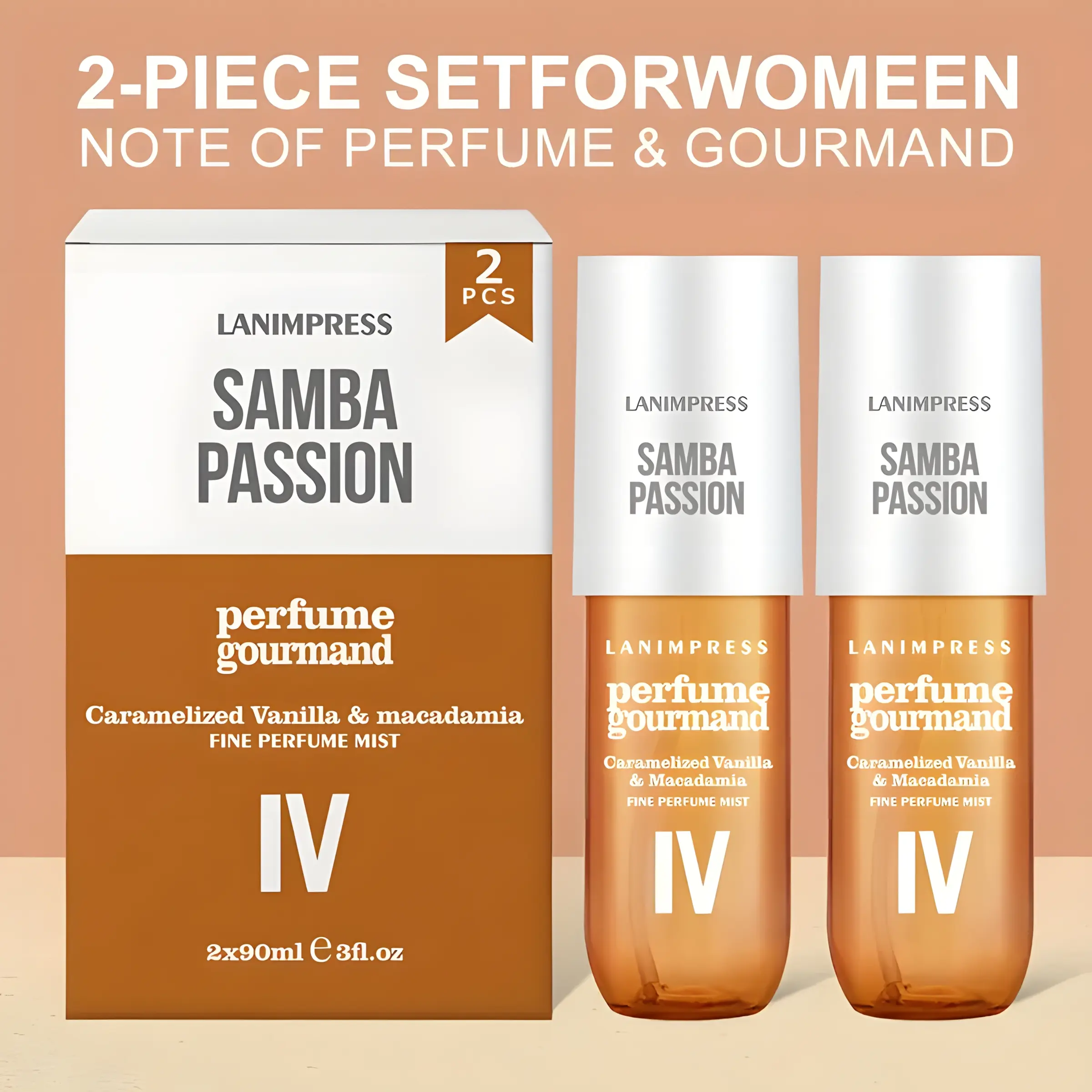 Lanimpress Samba Passion 2-Pack Multi-Pack Gourmand Fragrance Spray - Caramelized Vanilla & Macadamia Caramel Daily Use Body Mist, Long-Lasting Paraben-Free Cruelty-Free Travel-Size Hair & Body Mist for Women, Daily Use Fragrance, Body Mist Women's Fragra